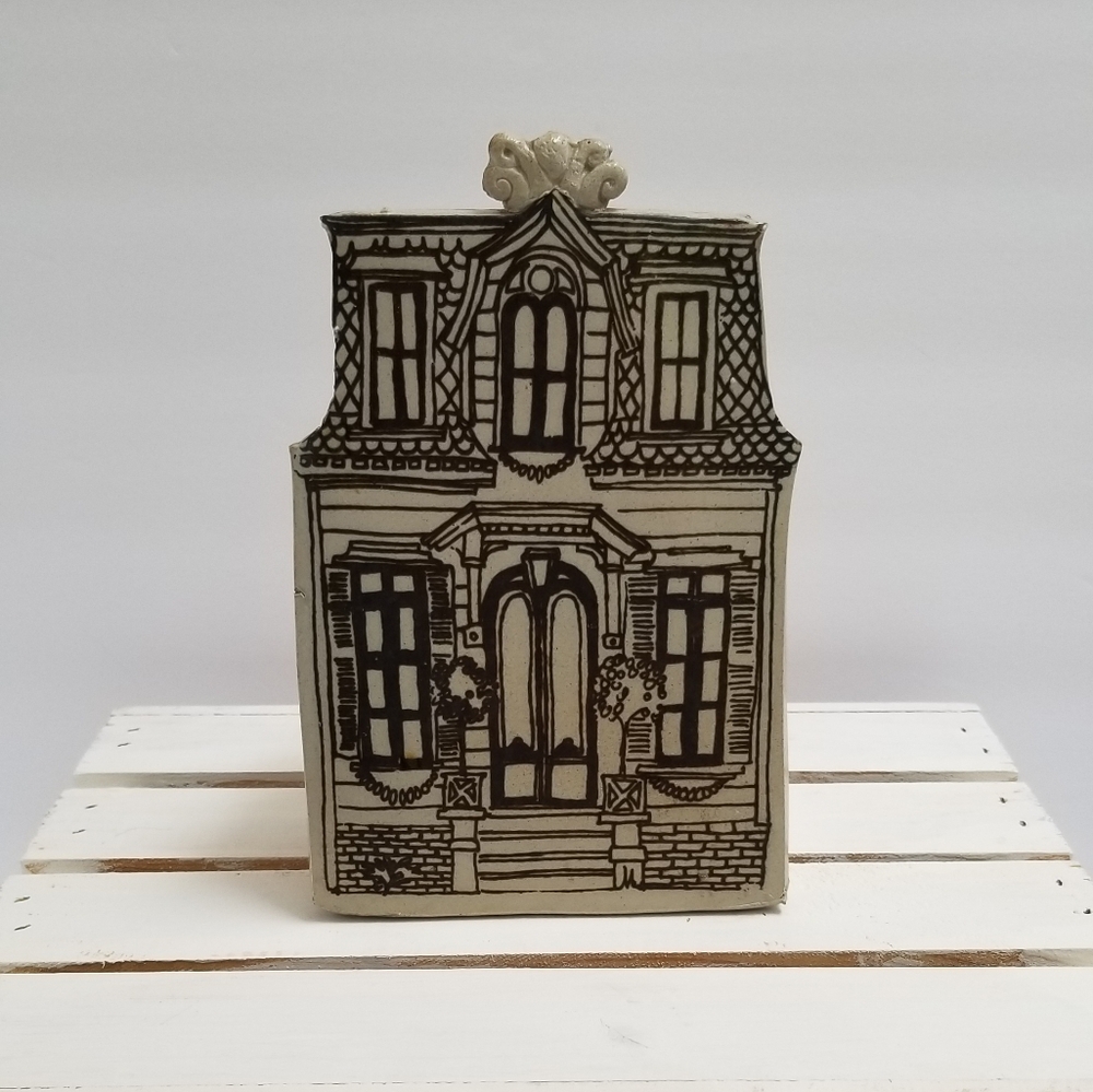 Jon Carlos Lopez Pottery Planter Pot Victorian House - Vintage 1970s Bennington